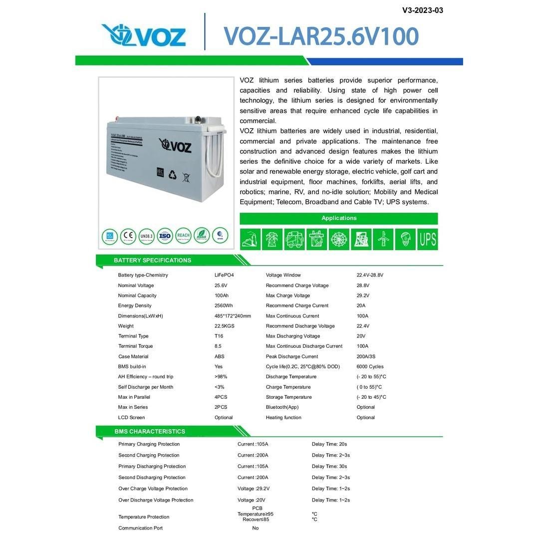 Baterai Voz 25.6V 100 AH LiFePO4 4