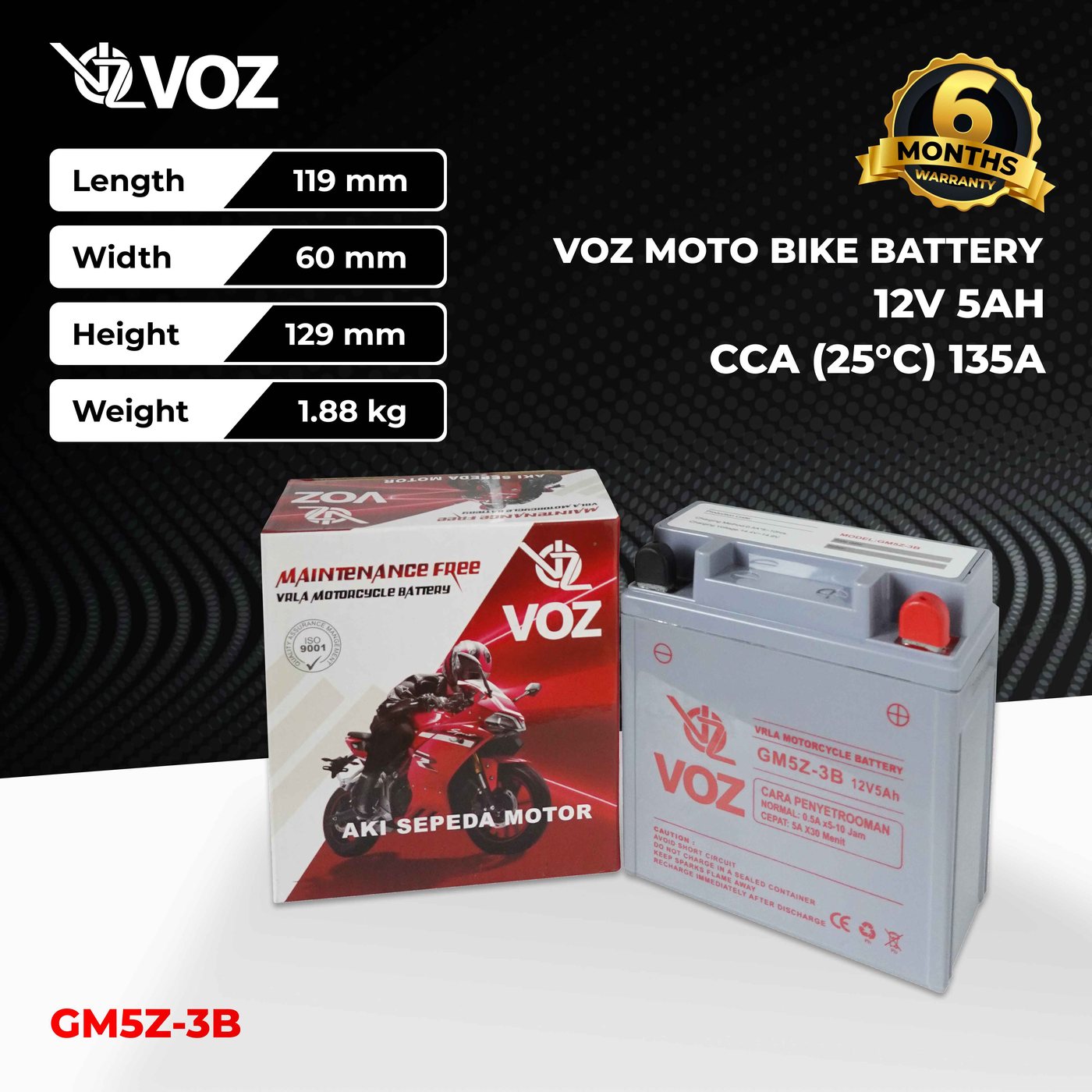 Voz Aki Motor GM5Z-3B 12V 5Ah - Baterai Aki Motor