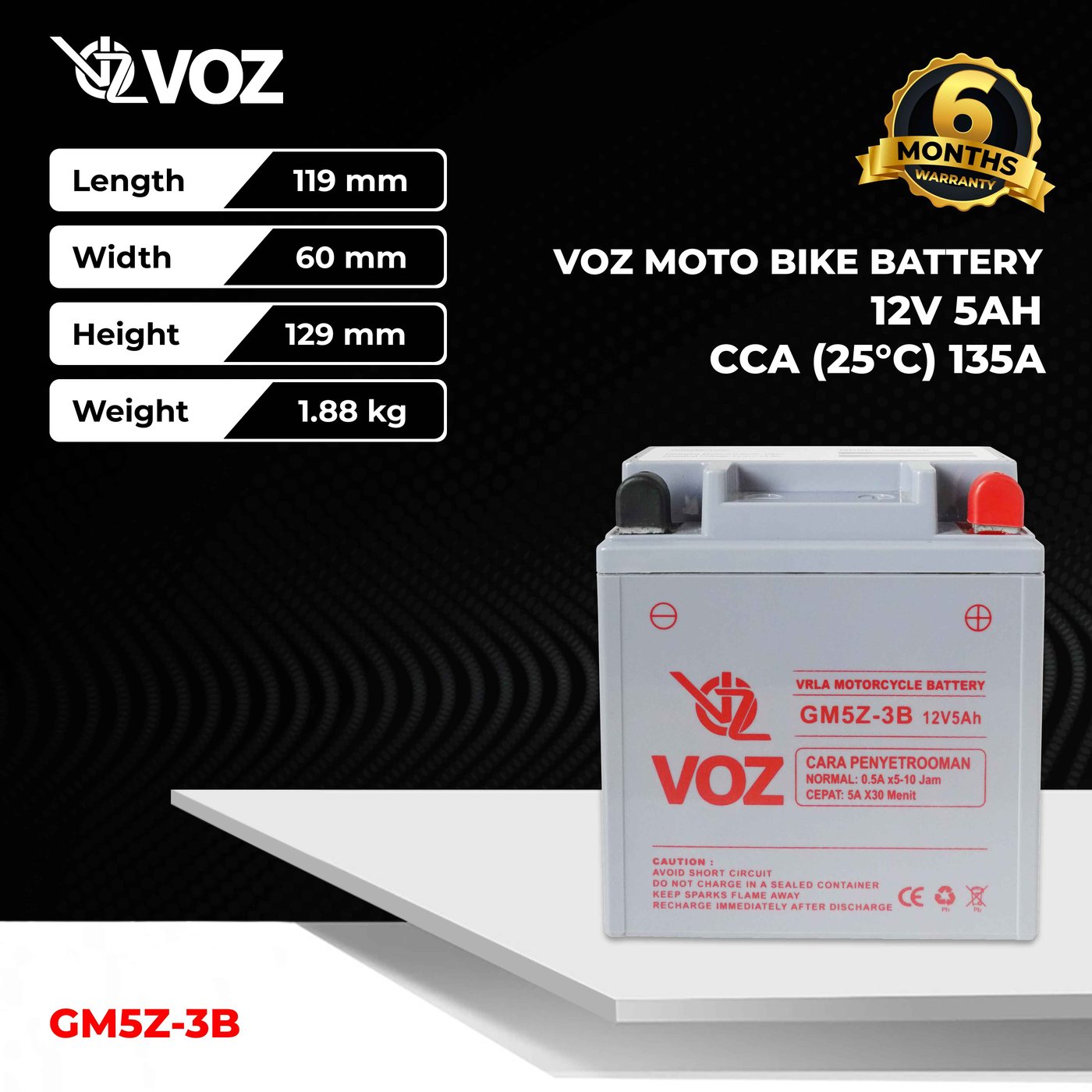 Voz Aki Motor GM5Z-3B 12V 5Ah - Baterai Aki Motor 3