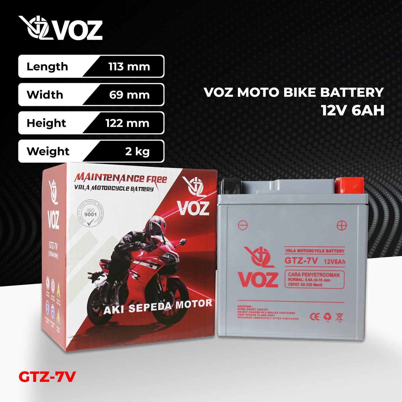 Voz Aki Motor GT7V 12V 6Ah - Baterai Aki Motor 3