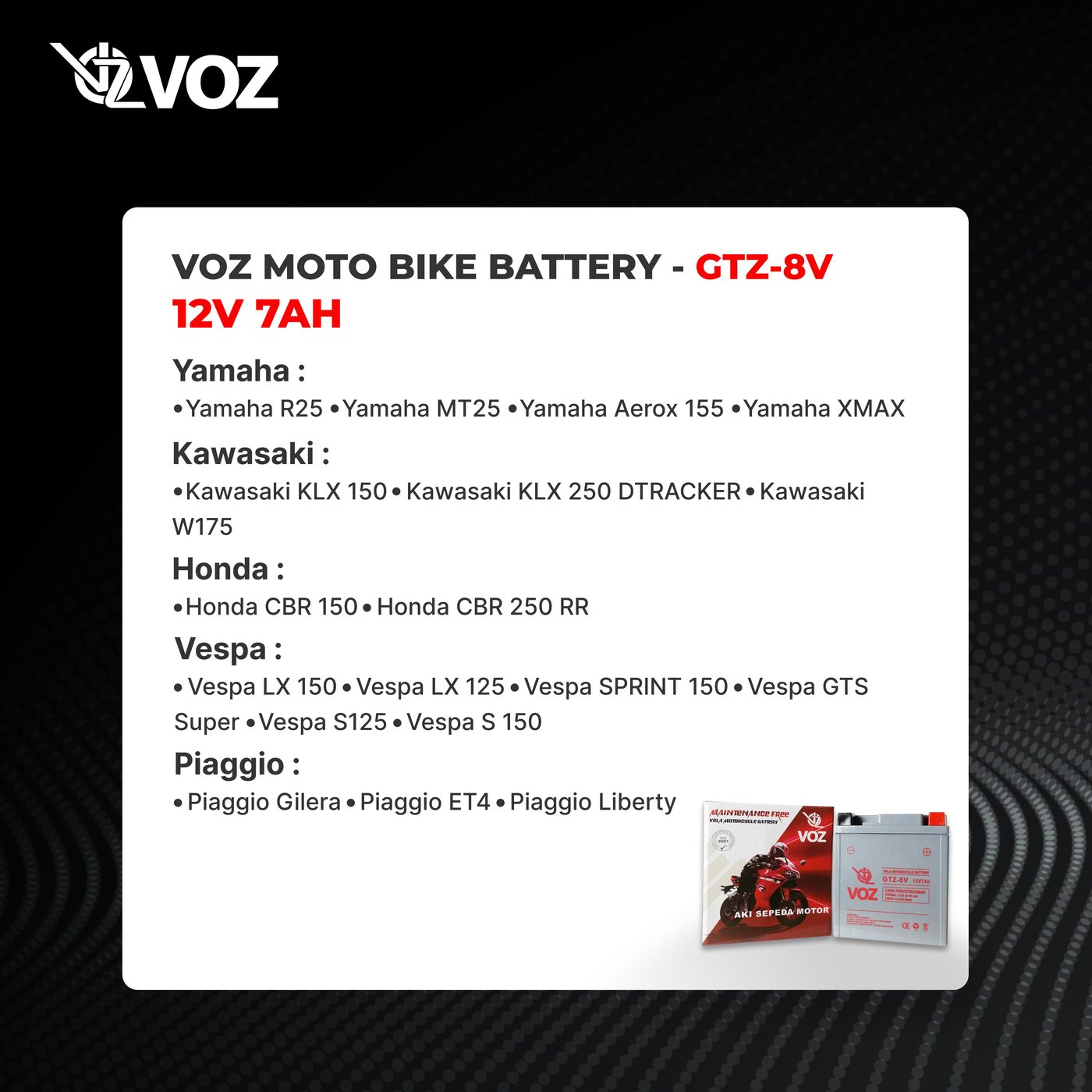 Voz Aki Motor GTZ 8V 12V 7Ah - Baterai Aki Motor 5