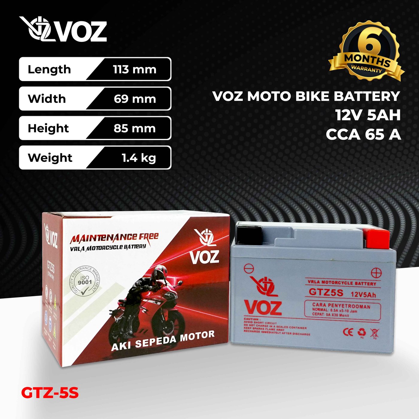 Voz Aki Motor GTZ5S 12V 5Ah - Baterai Aki Motor