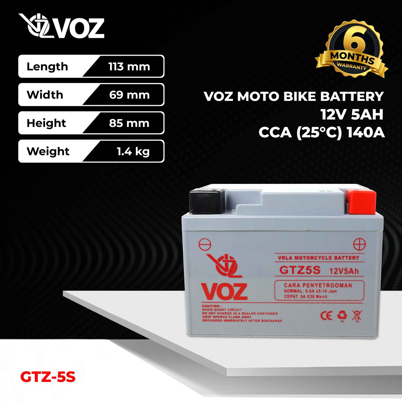 Voz Aki Motor GTZ5S 12V 5Ah - Baterai Aki Motor 3