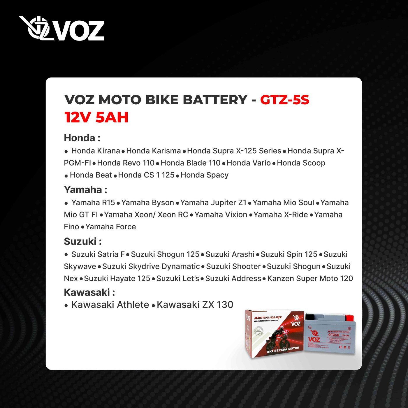 Voz Aki Motor GTZ5S 12V 5Ah - Baterai Aki Motor 5