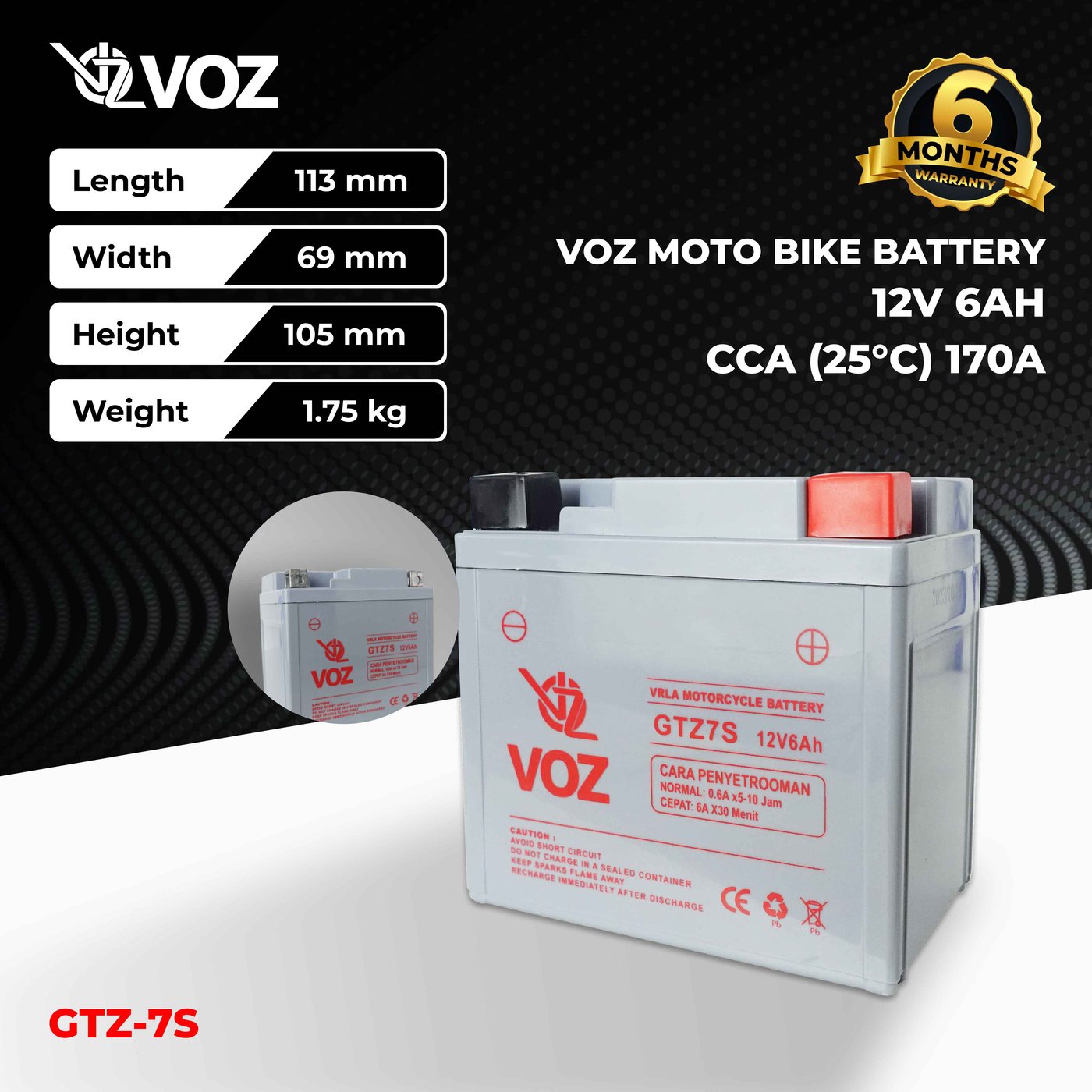 Voz Aki Motor GTZ7S 12V 6Ah - Baterai Aki Motor 2