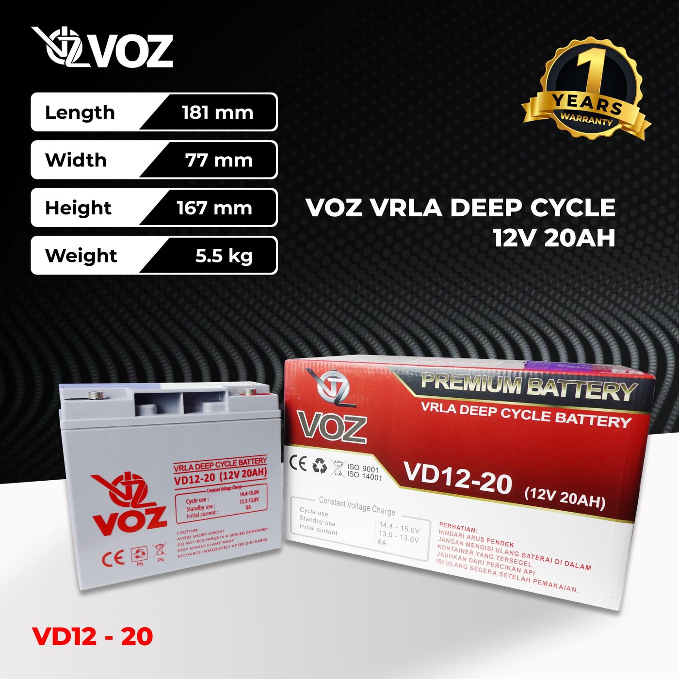 Voz Baterai Deep Cycle 12V 20 Ah | Baterai Aki UPS | Baterai Voz 3
