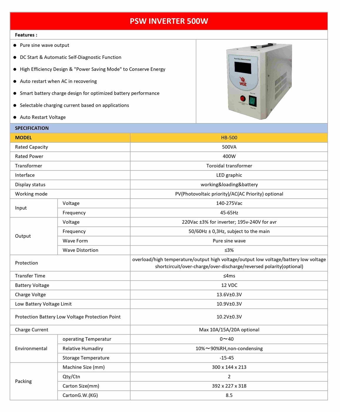 VOZ Baterai Inverter PSW 500W 6