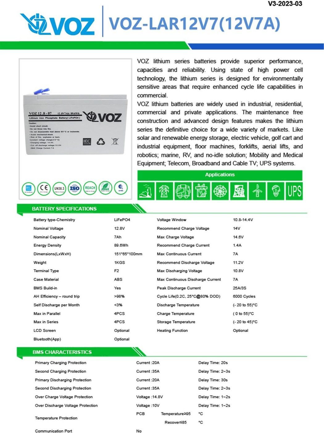 Voz Baterai LiFePO4 12.8V 7 Ah 5
