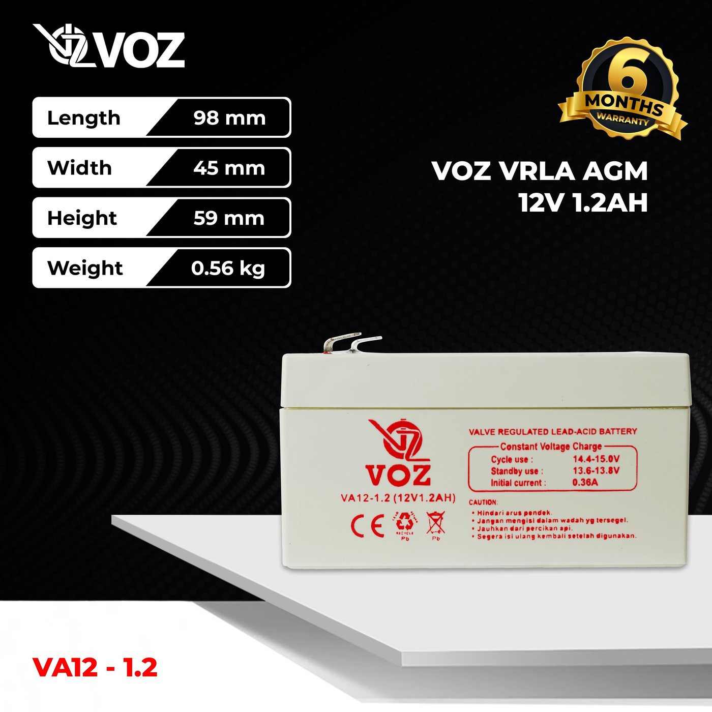 Voz Baterai VRLA 12V 1.2 Ah | Baterai Aki Voz 12V