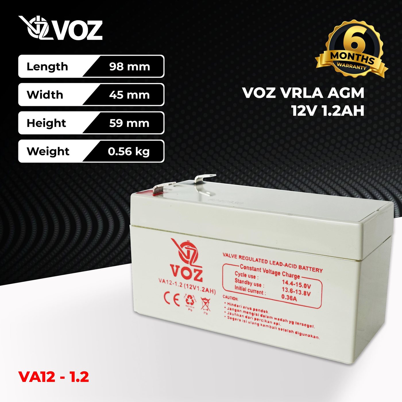 Voz Baterai VRLA 12V 1.2 Ah | Baterai Aki Voz 12V 3