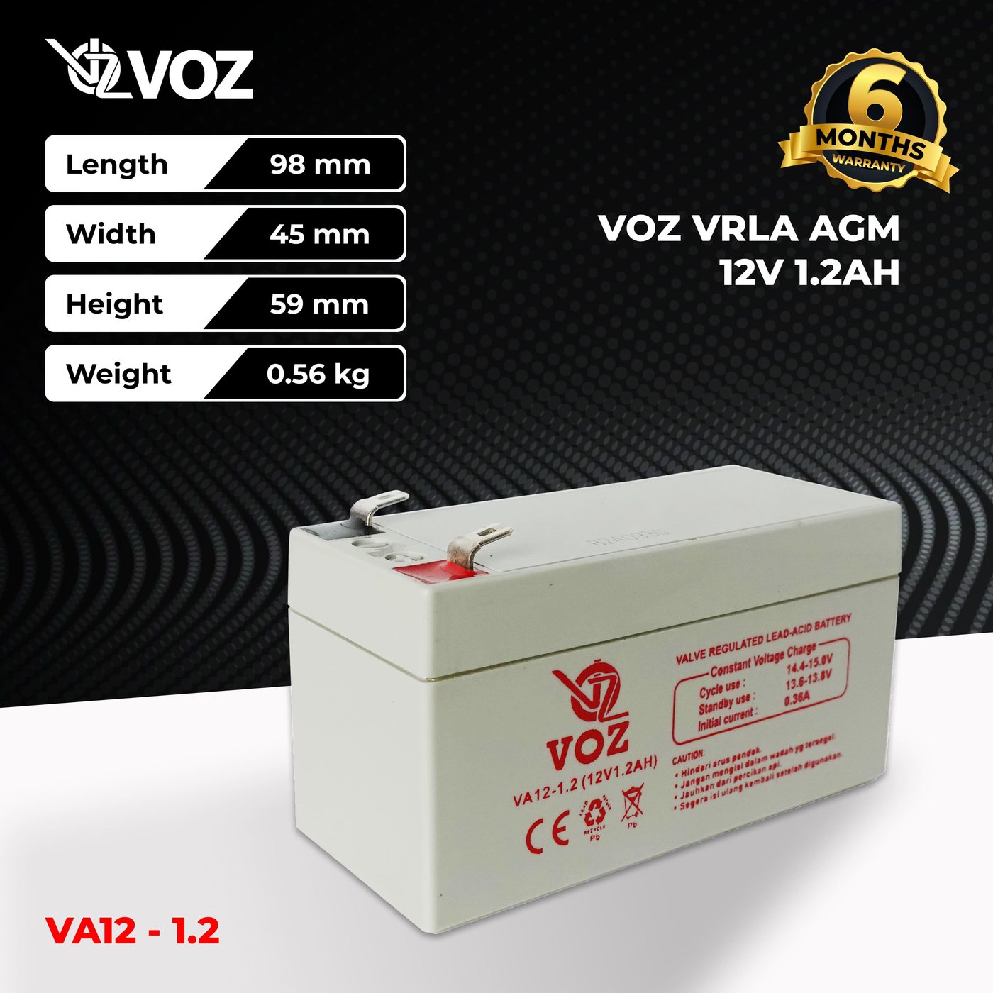 Voz Baterai VRLA 12V 1.2 Ah | Baterai Aki Voz 12V 4