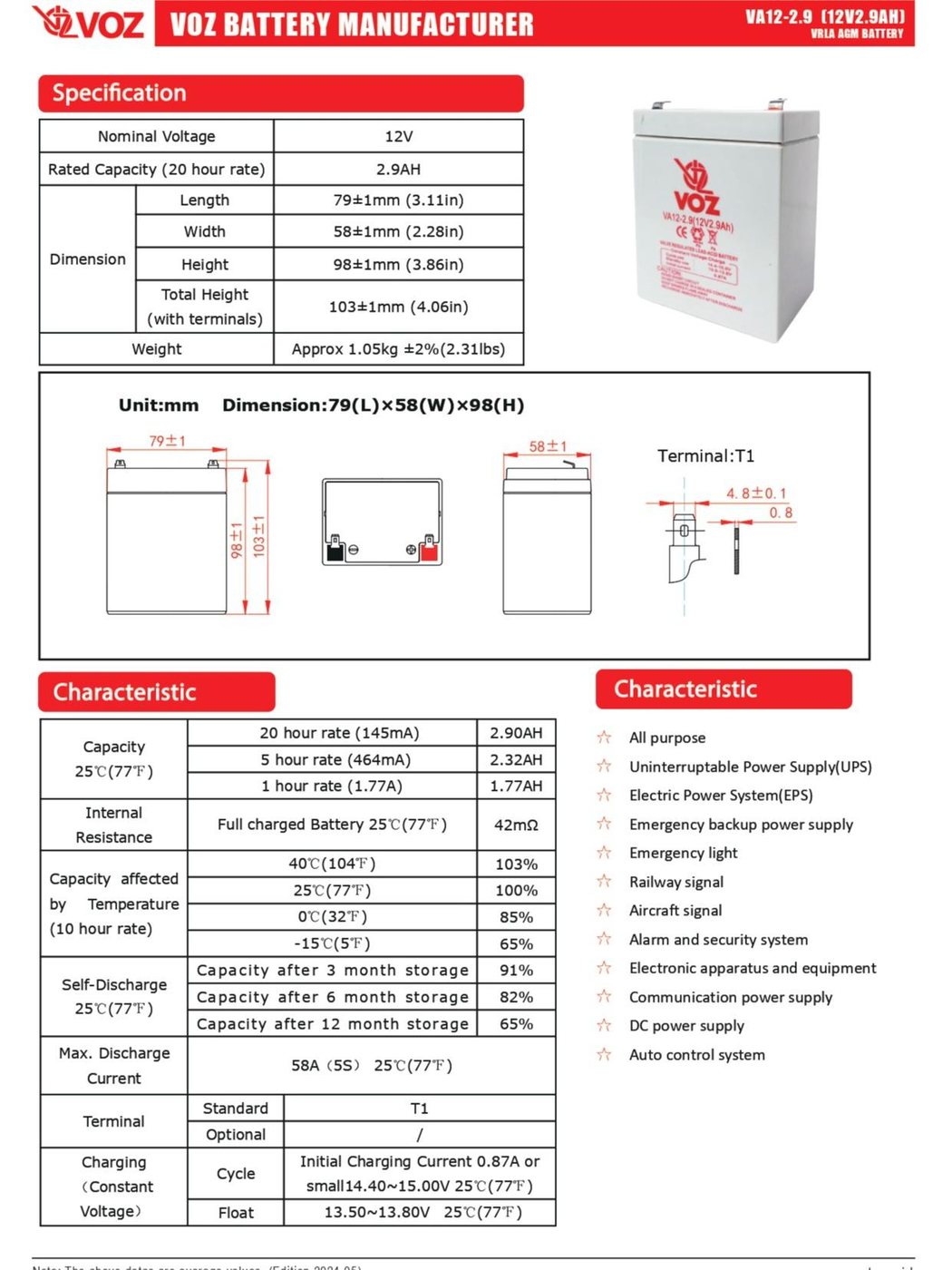 Voz Baterai VRLA 12V 2.9 Ah | Baterai Aki Voz 12V 4