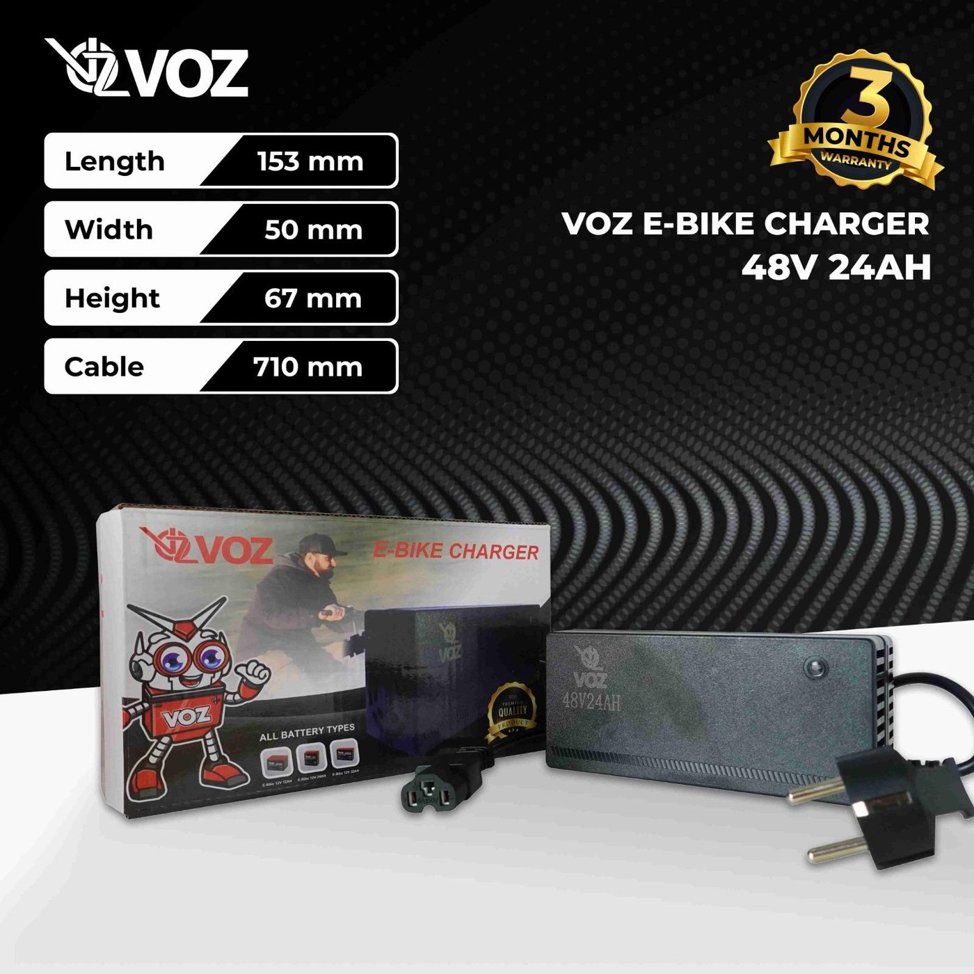 VOZ Charger E-Bike 48V 24Ah | Baterai Charger Sepeda Listrik 48V 24Ah
