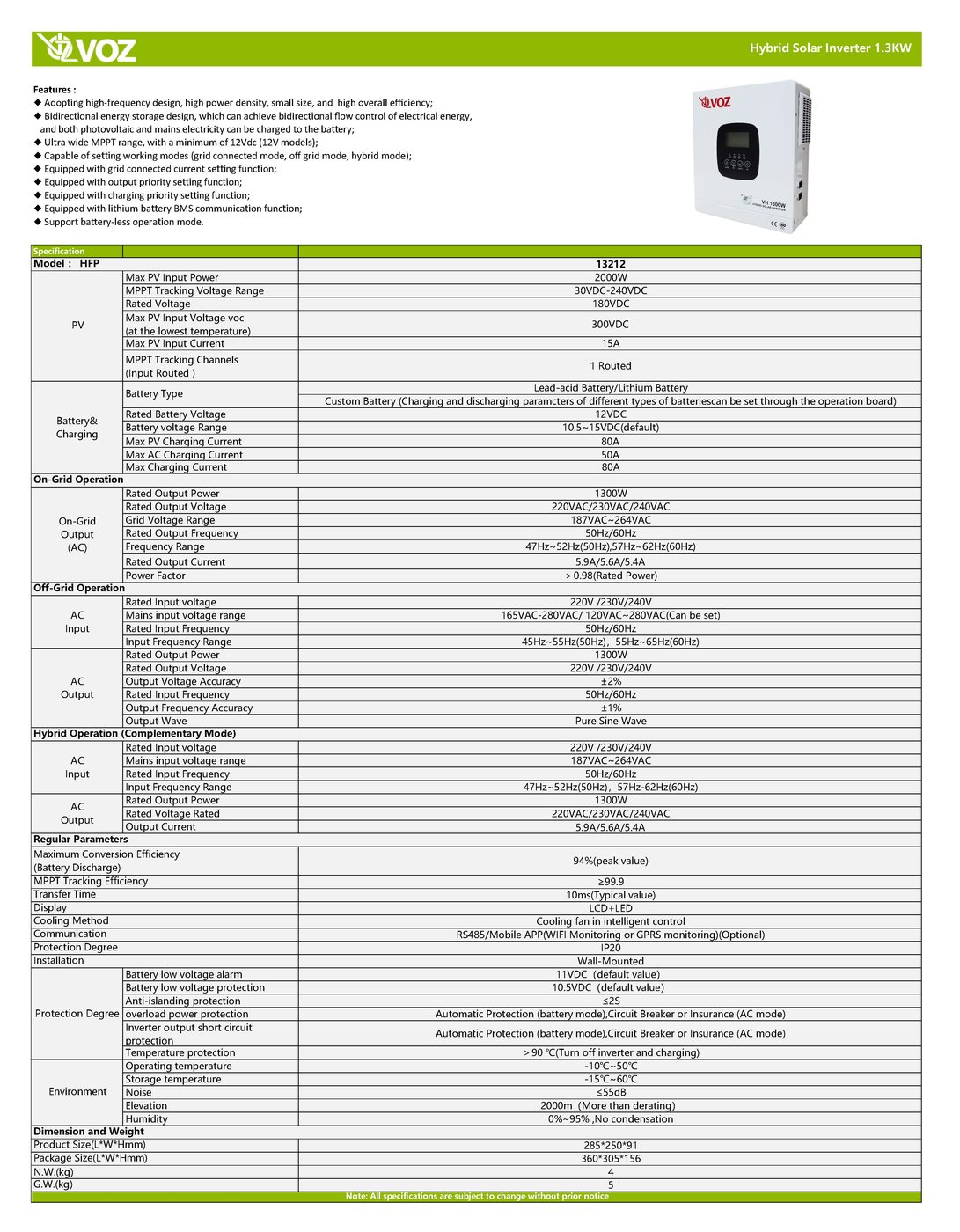 VOZ HYBRID SOLAR INVERTER 1300W/1.3KW 6