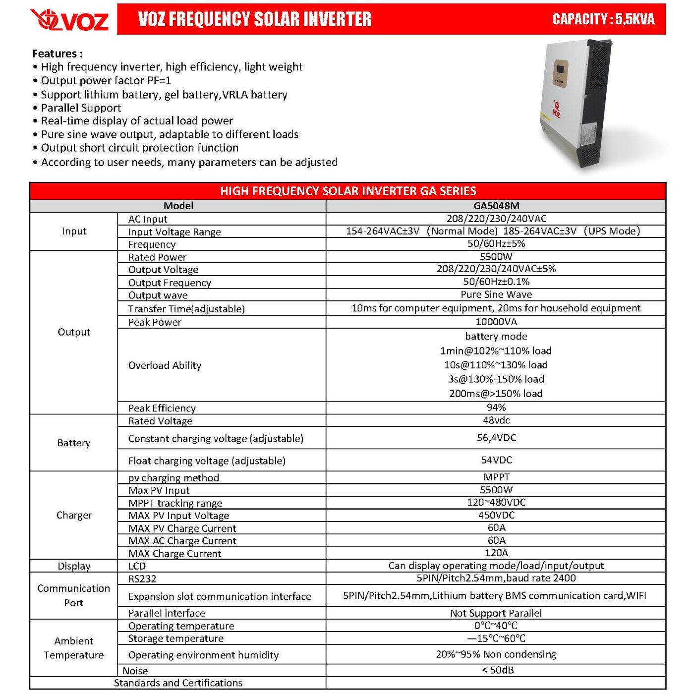 Voz Hybrid Solar Inverter 5.5KVA - 5500W - Panel Surya 5