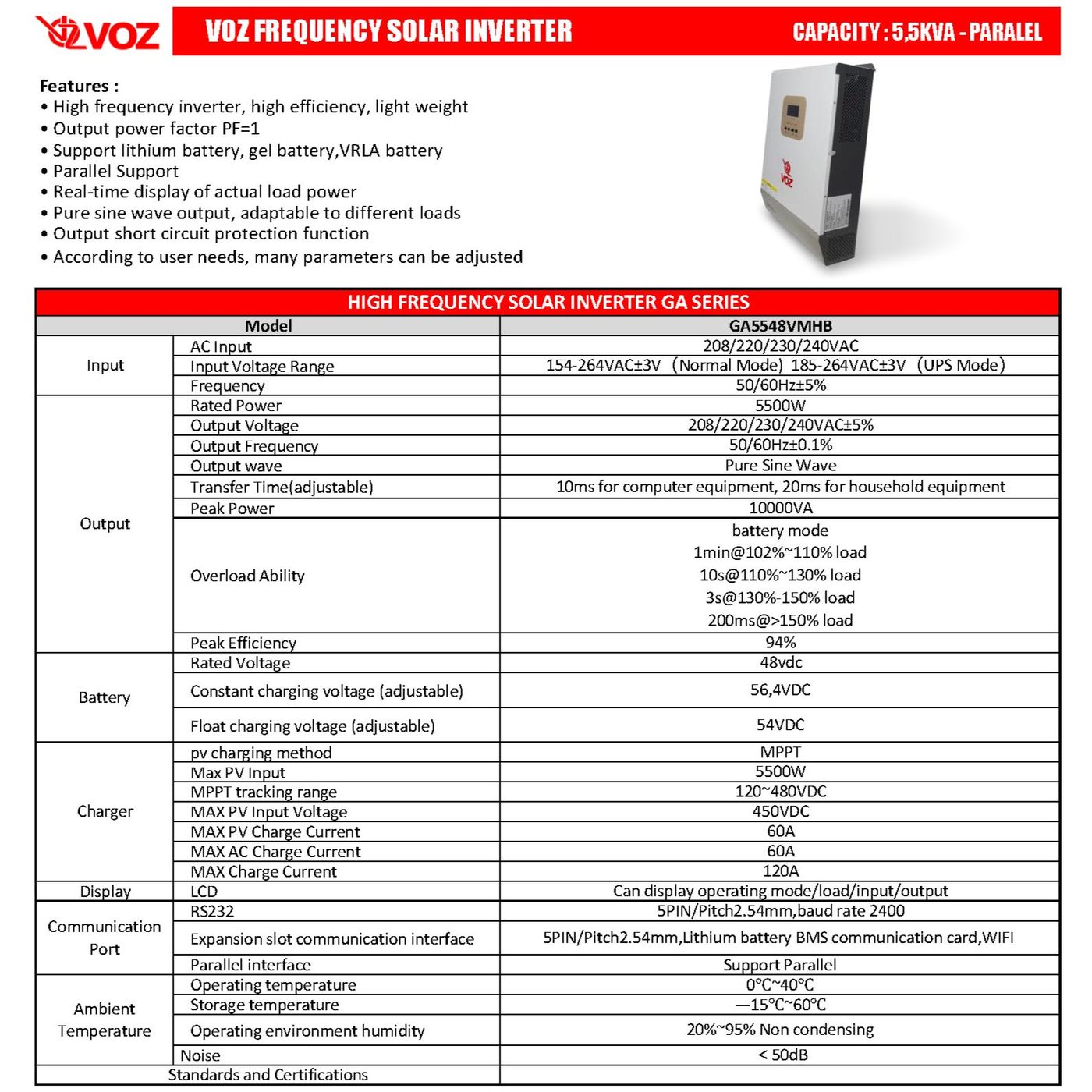 Voz Hybrid Solar Inverter 5.5KVA - 5500W Paralel - Panel Surya 5
