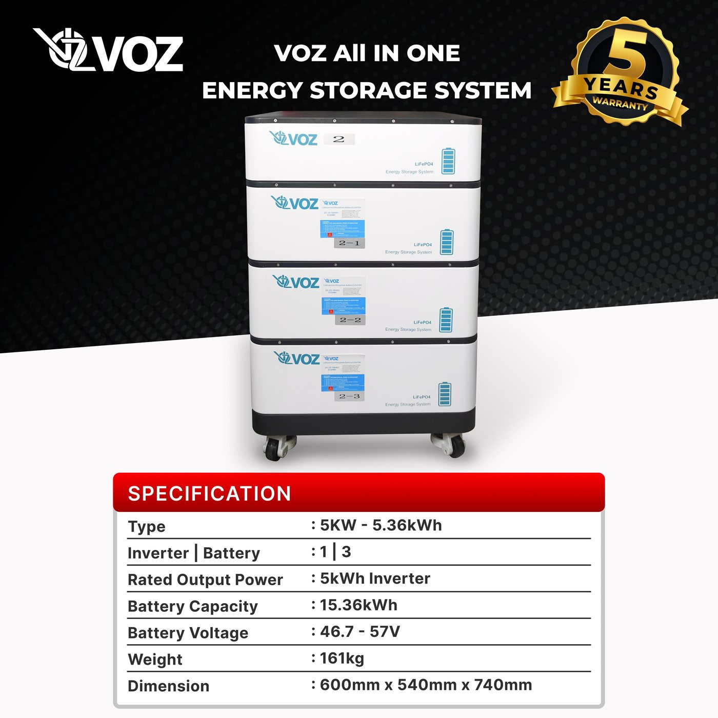 Voz LifePO4 All In One Energy Storage System 5KW Inverter + 15.36kWh 3