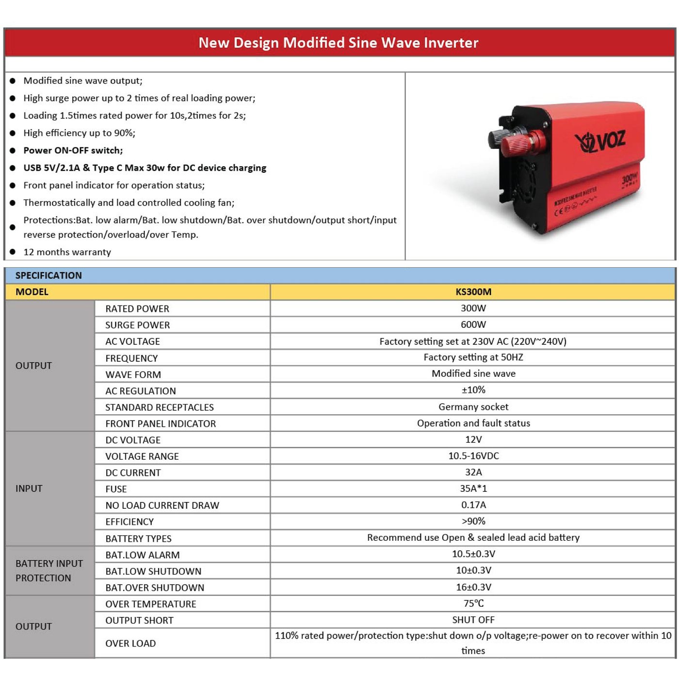 VOZ MODIFIED SINE WAVE INVERTER 300W 6
