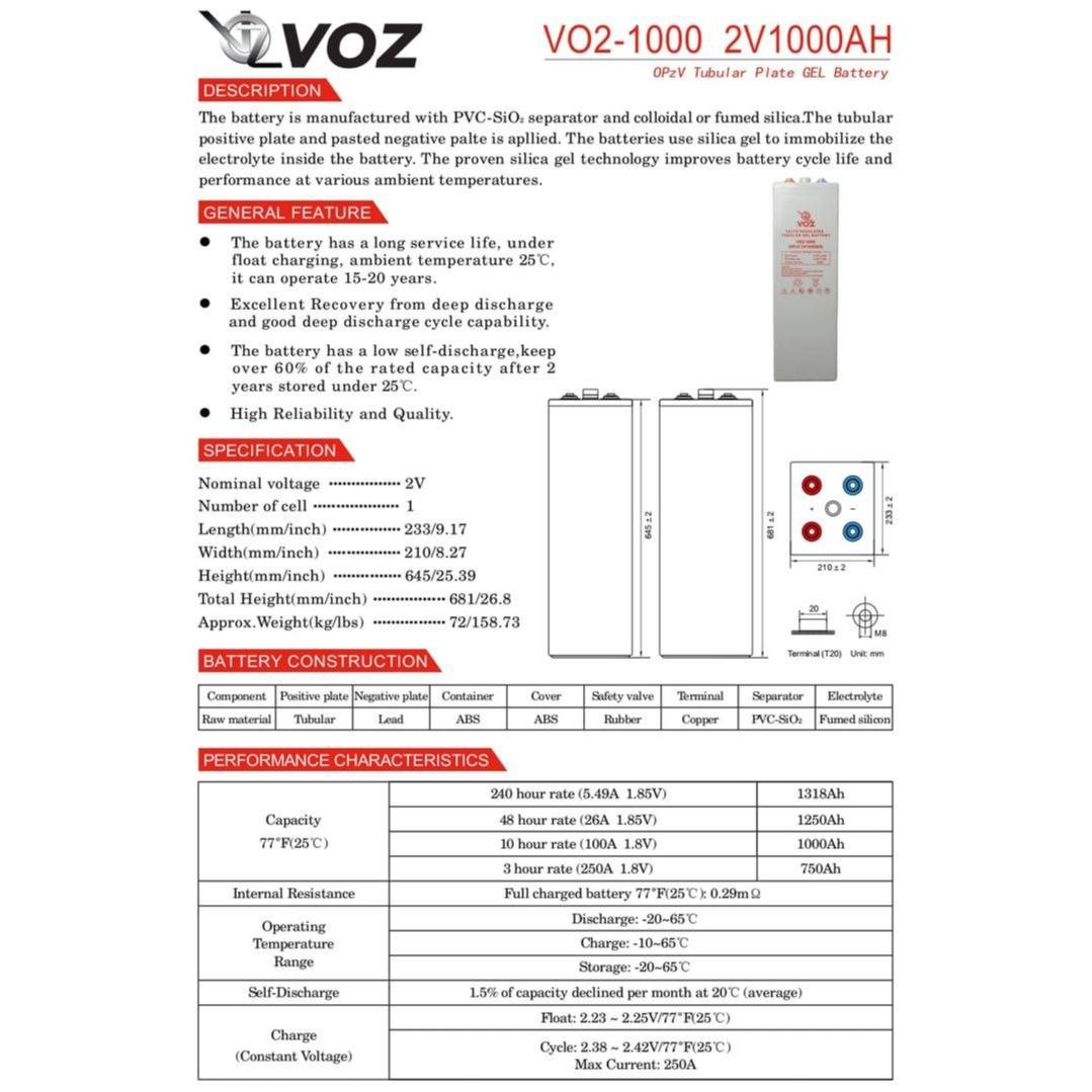 Voz OPZV Tubular Gel Baterai 2V 1000 Ah 6